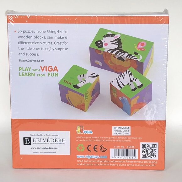 New Sealed Viga 4pcs 6-side Cube Puzzle - Wild Animals For Age 18 Months - Picture 7 of 8